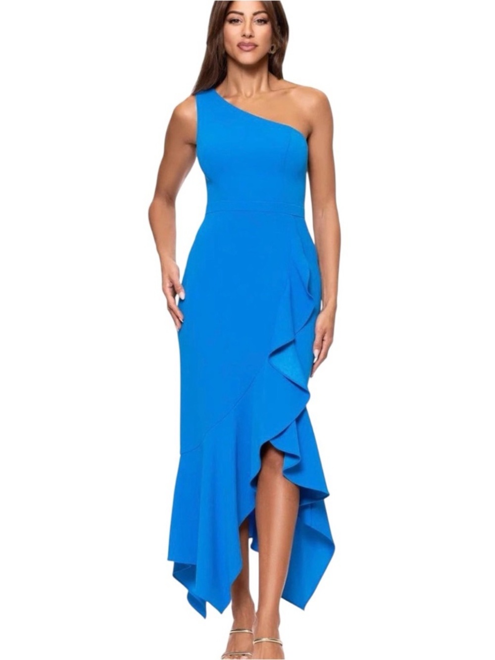 Xscape “Sari” One Shoulder Ruffle Dress Teal Size 14P Formal Midi Gown